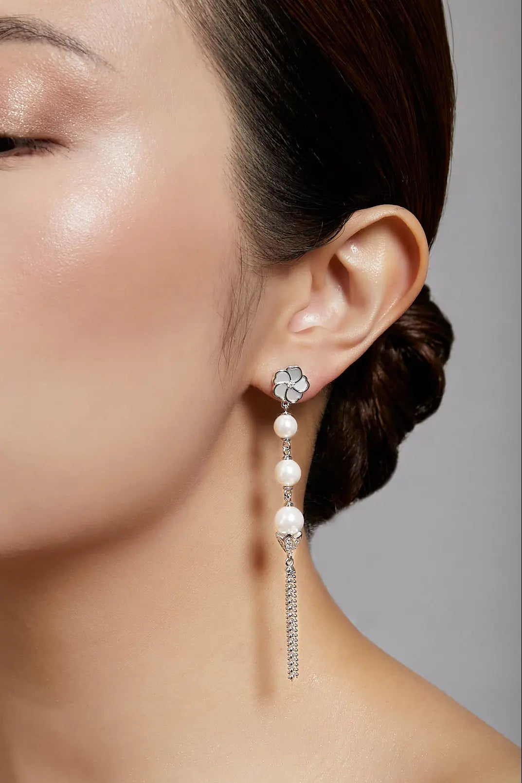 Bauhinia Blakeana Burlesque Silver Dangling Pearl Earrings Dryden Jewelry