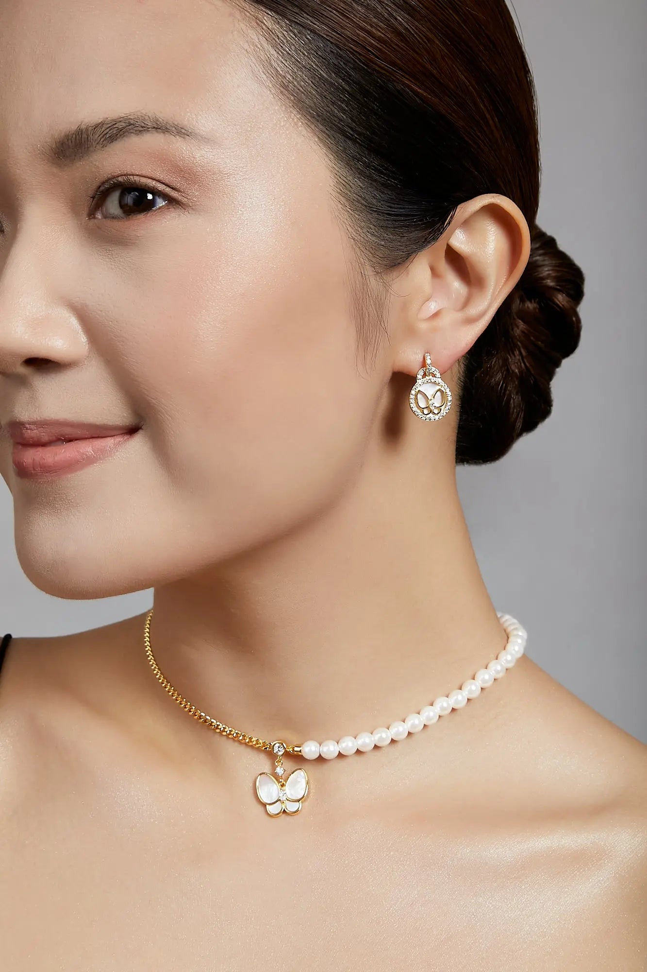 Butterfly Chain & Pearl Yellow Gold Choker Dryden Jewelry