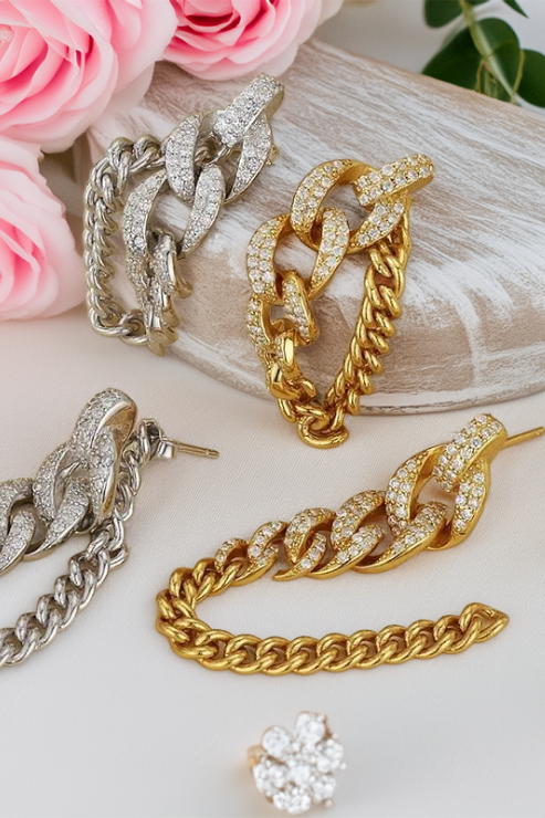 옐로우 골드 컨버터블 커브 링크 체인 댕글링 귀걸이