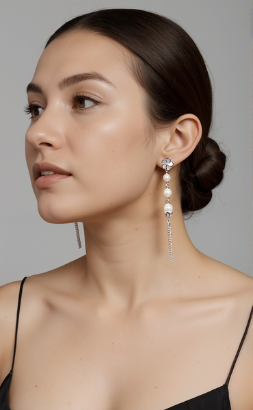 Bauhinia Blakeana Burlesque Silver Dangling Pearl Earrings