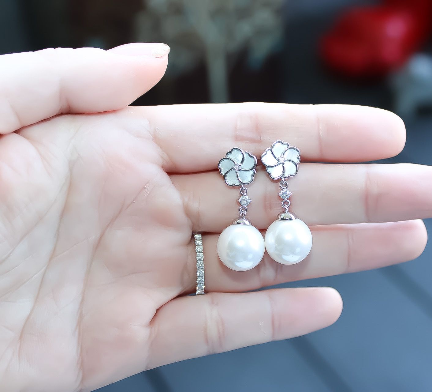 Bauhinia Blakeana White Mother of Pearl Classic Dangling Pearl Earrings