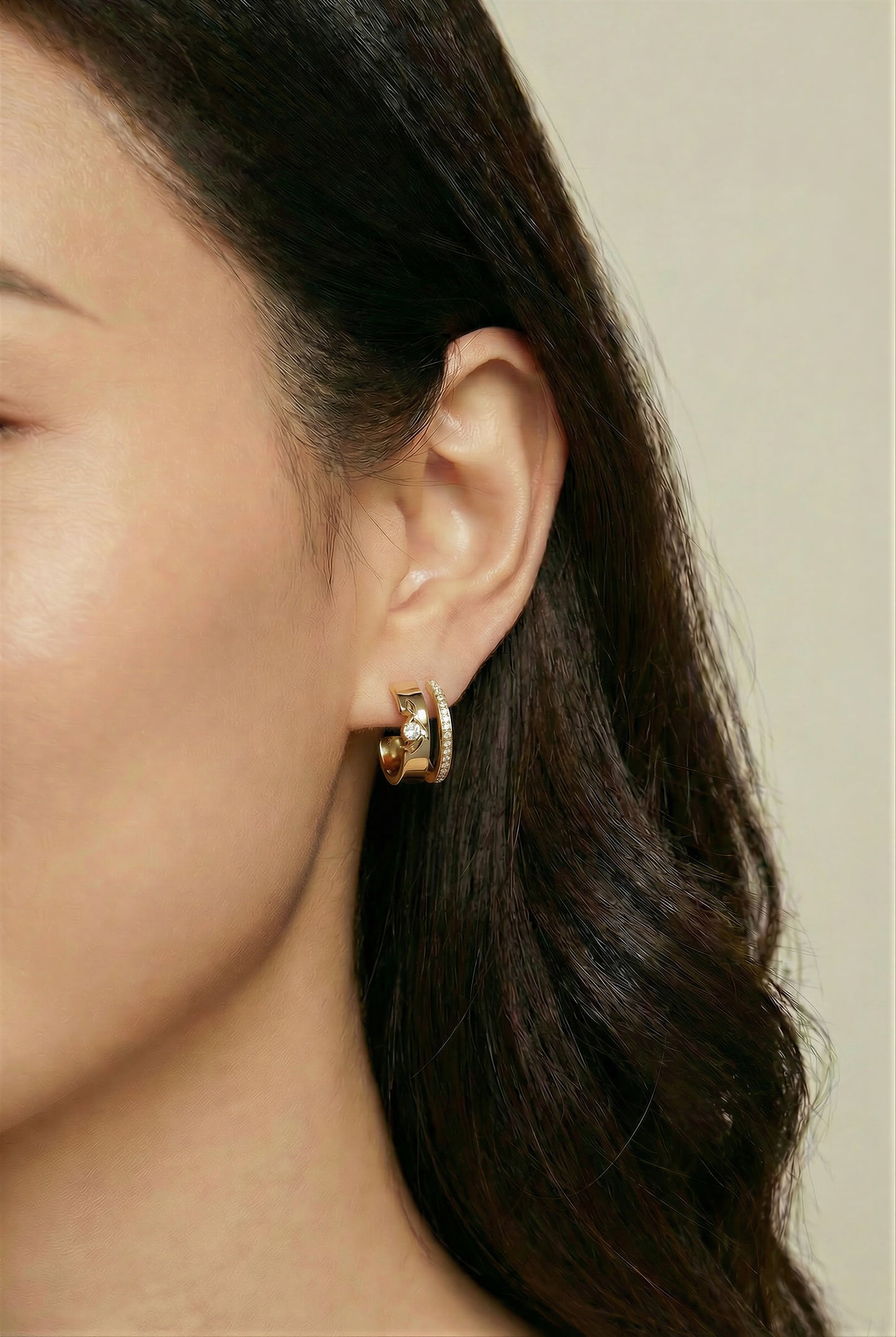 Yellow Gold Double-Band Diamond Hoop Earrings