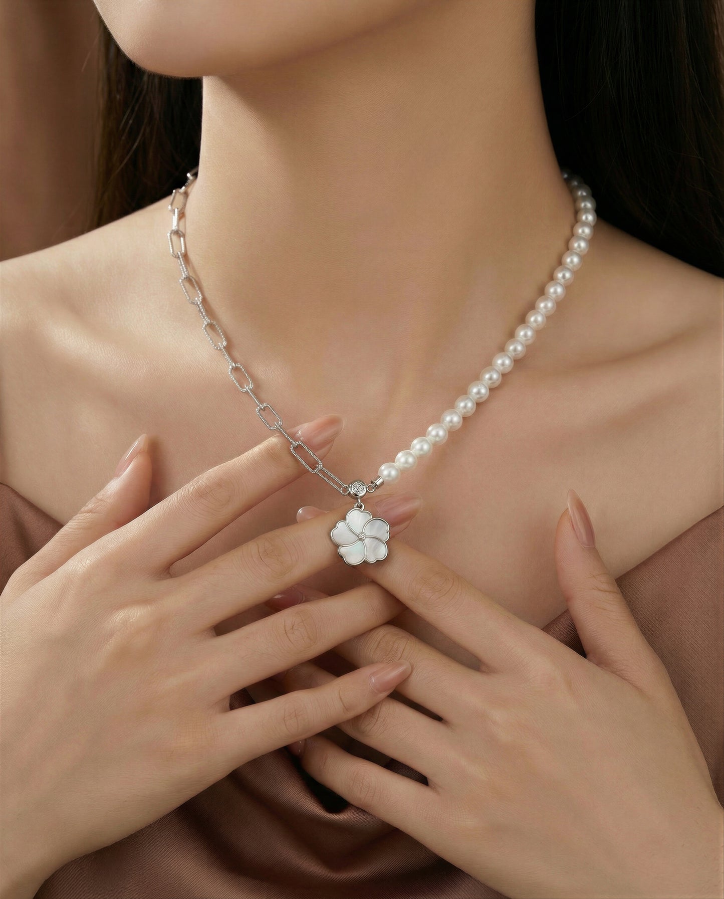 Bauhinia Blakeana Silver Chain & Pearl Choker