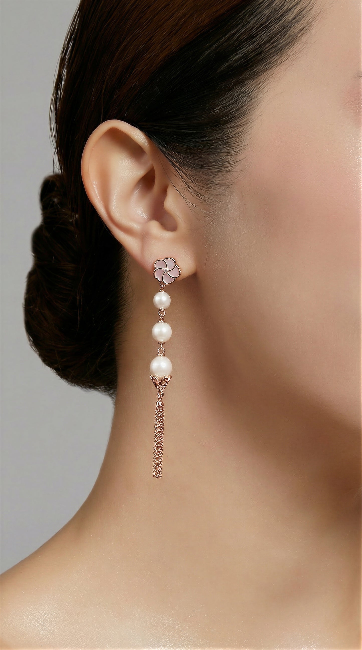 Bauhinia Blakeana Burlesque Rose Gold Dangling Pearl Earrings