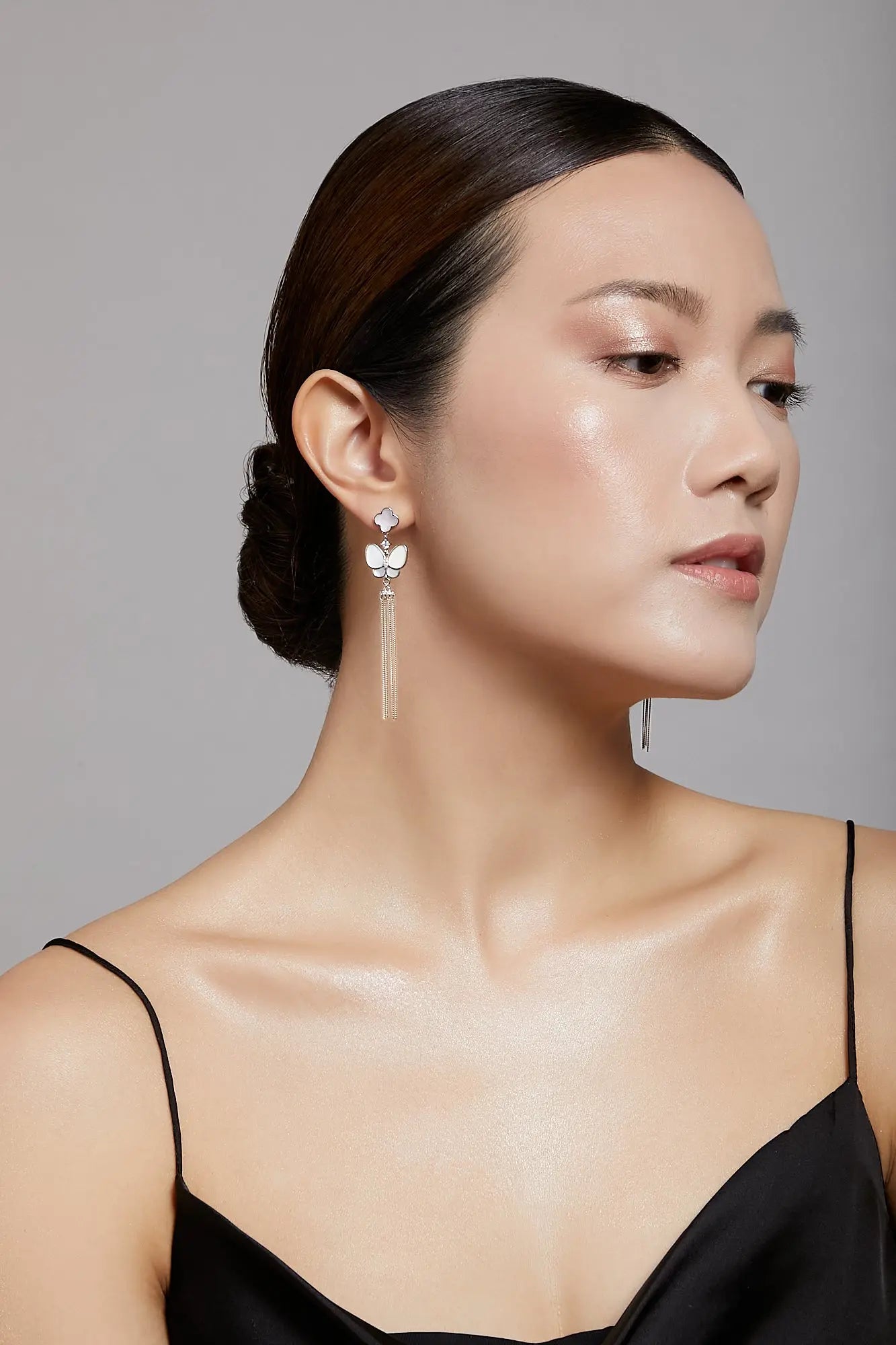 Butterfly Goddess Dangling Silver Chain Earrings Dryden Jewelry