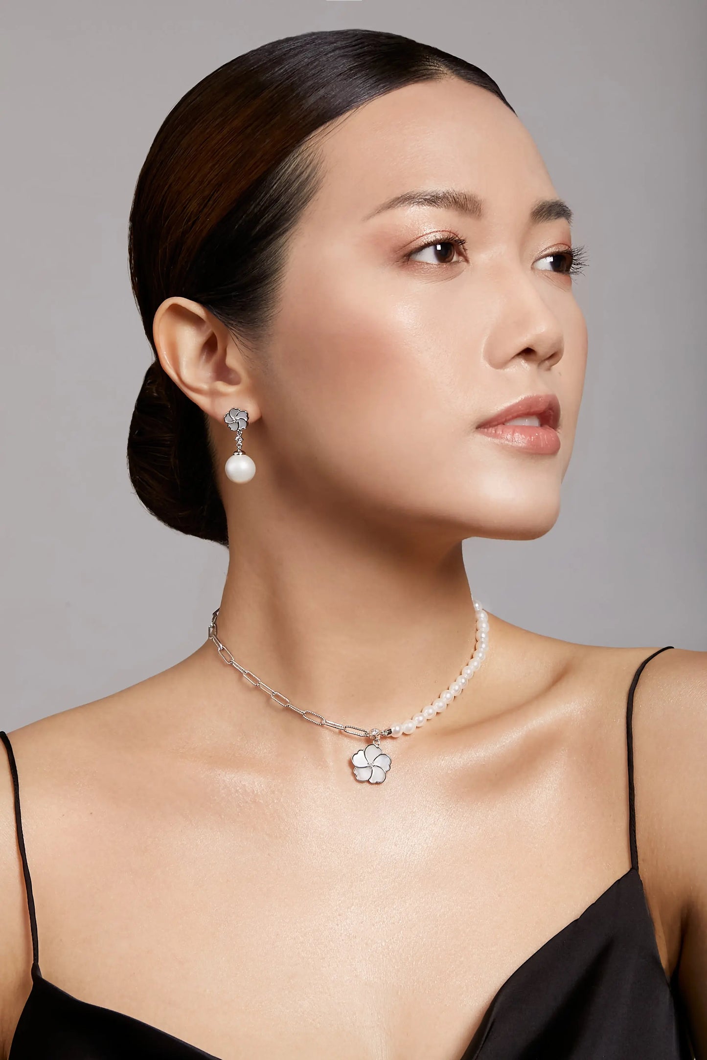Bauhinia Blakeana Silver Chain & Pearl Choker Dryden Jewelry