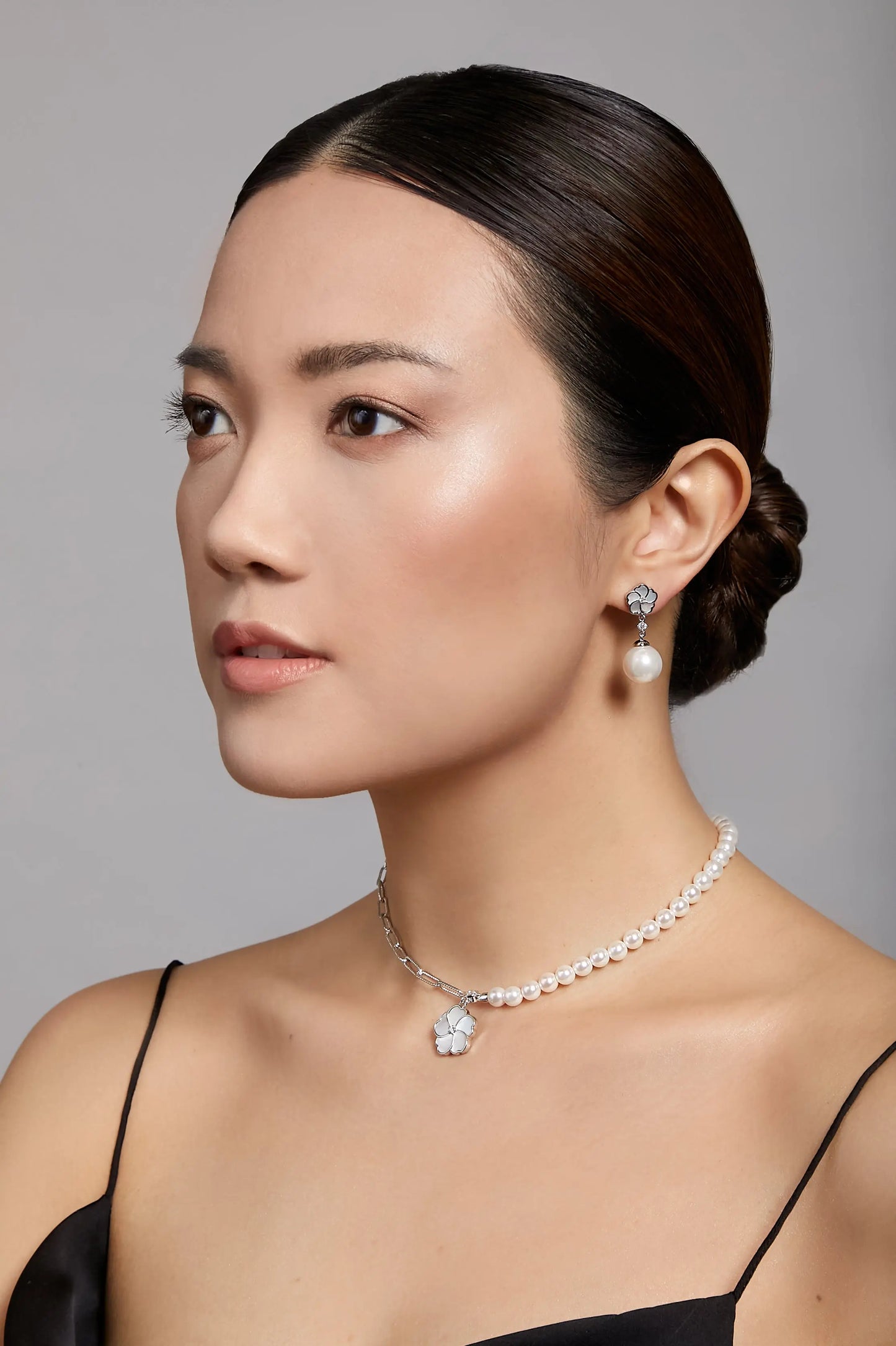 Bauhinia Blakeana White Mother of Pearl Classic Dangling Pearl Earrings Dryden Jewelry