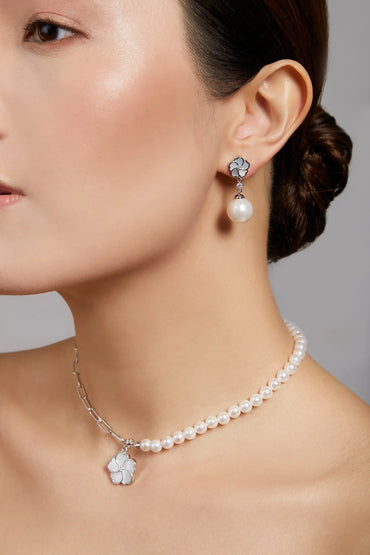 Bauhinia Blakeana White Mother of Pearl Classic Dangling Pearl Earrings Dryden Jewelry