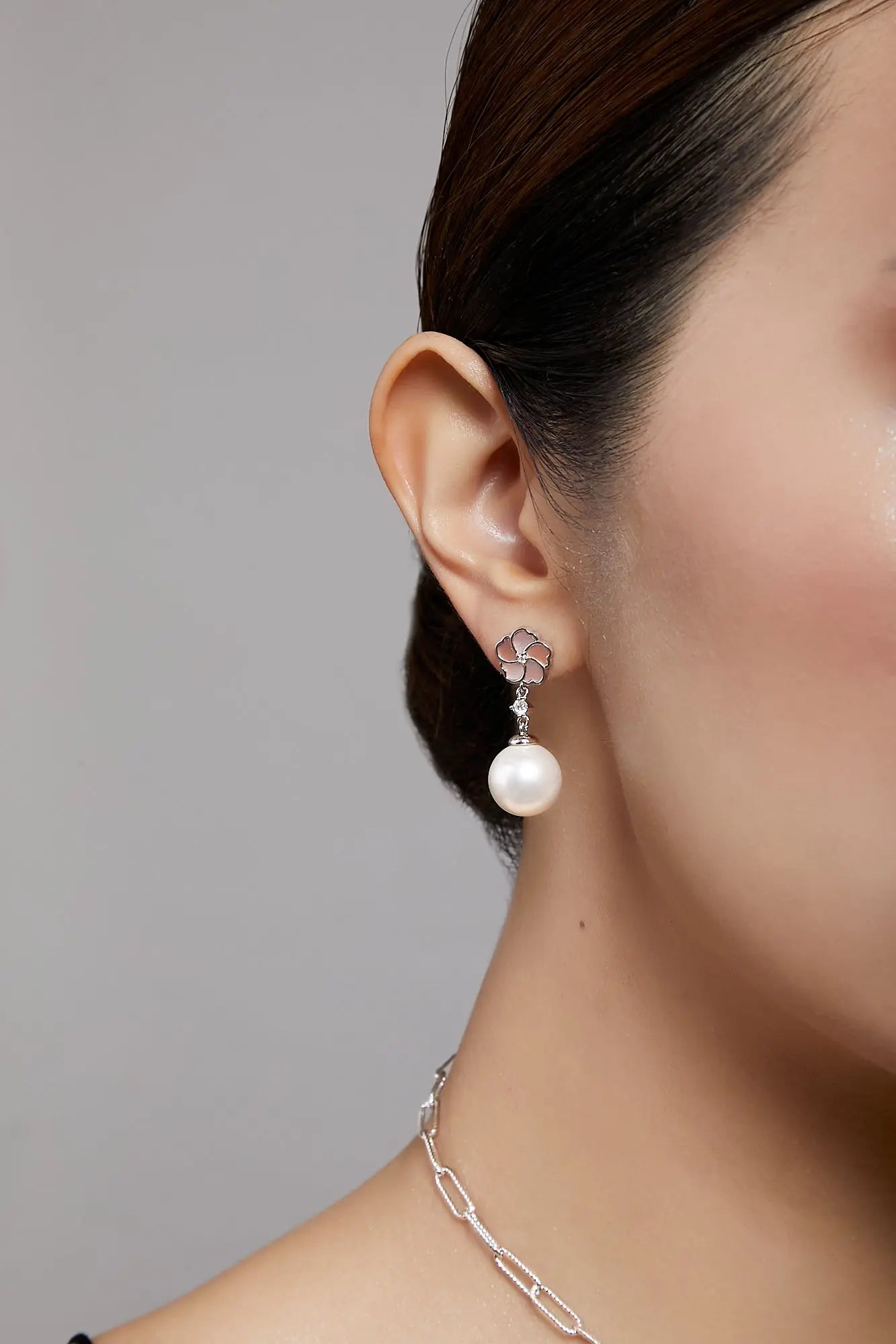 Bauhinia Blakeana Pink Mother of Pearl Classic Dangling Pearl Earrings Dryden Jewelry