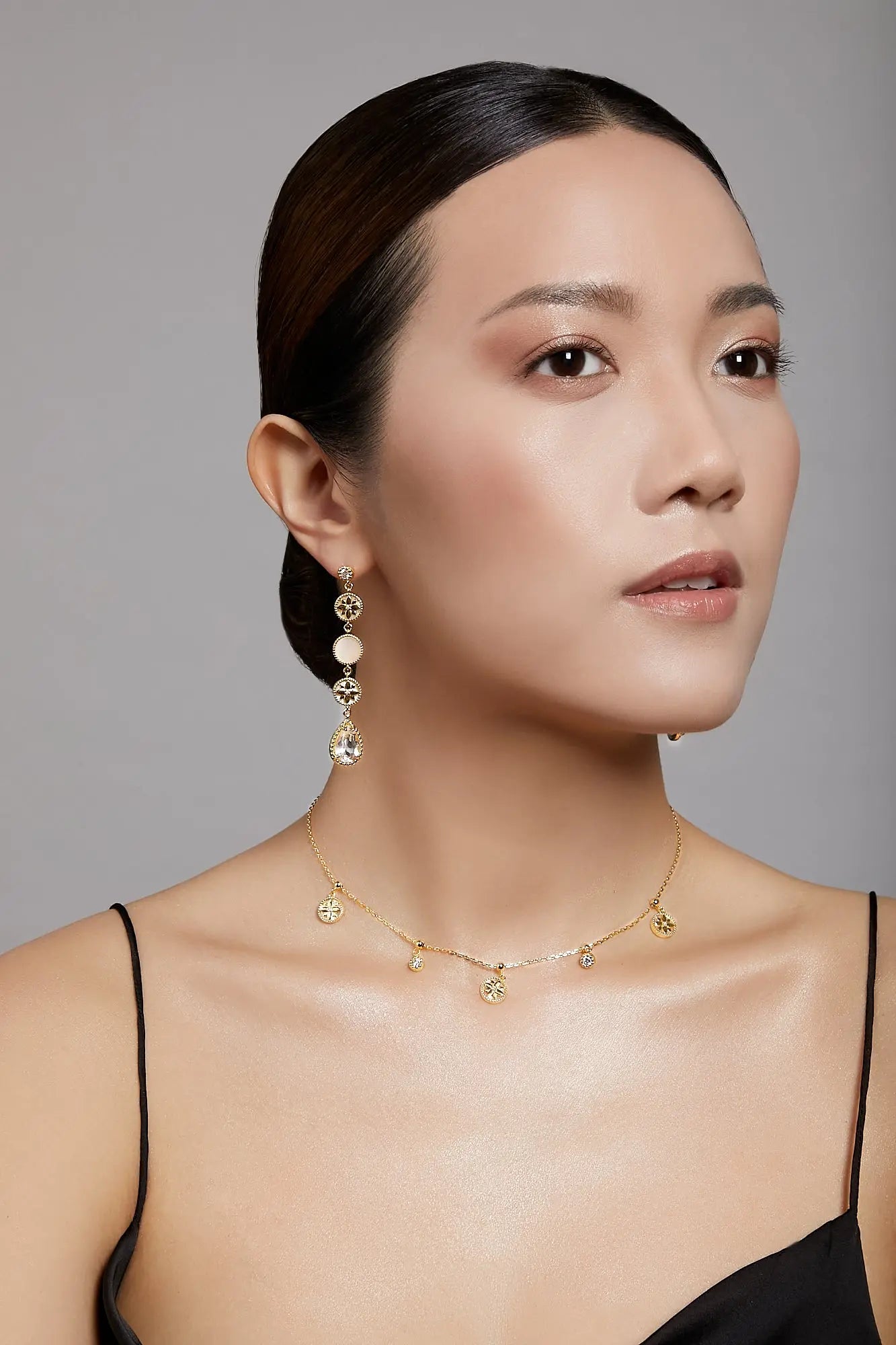 Clematis Long Goddess Yellow Gold Dangling Earrings Dryden Jewelry