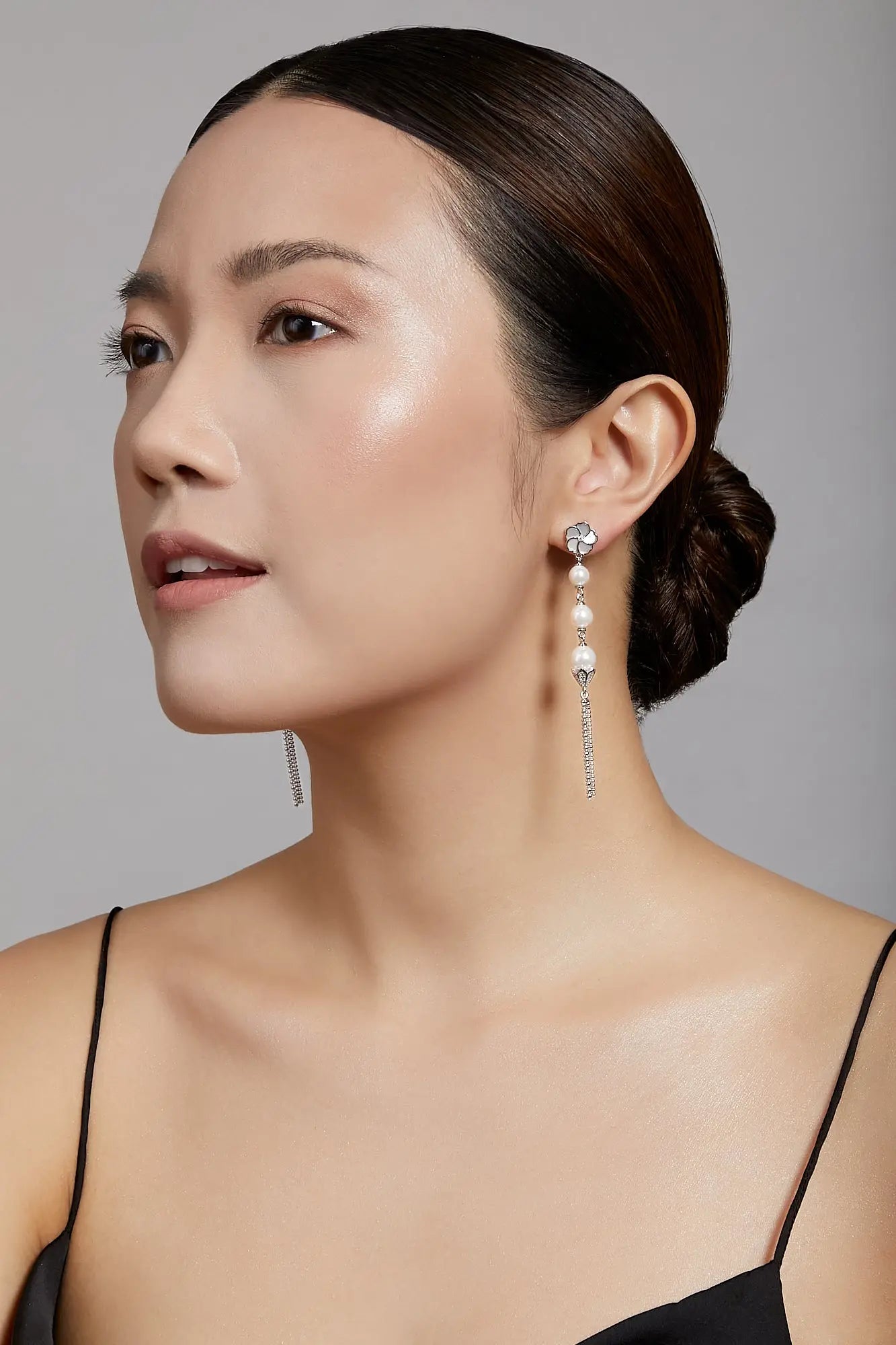 Bauhinia Blakeana Burlesque Silver Dangling Pearl Earrings Dryden Jewelry