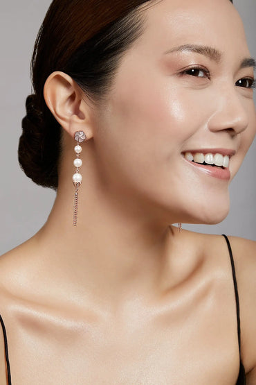 Bauhinia Blakeana Burlesque Rose Gold Dangling Pearl Earrings Dryden Jewelry