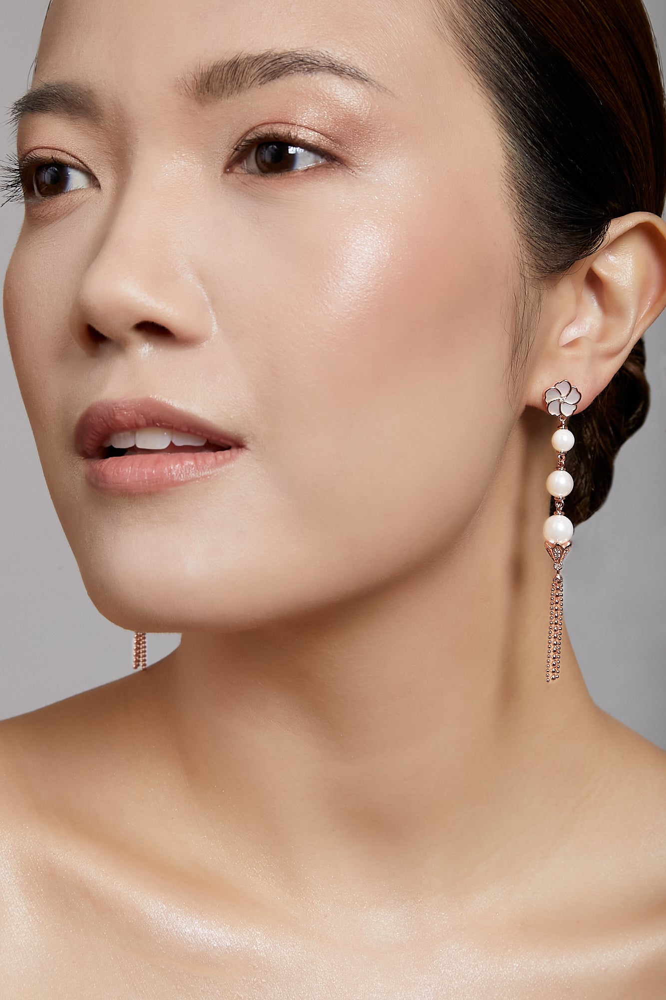Bauhinia Blakeana Burlesque Rose Gold Dangling Pearl Earrings