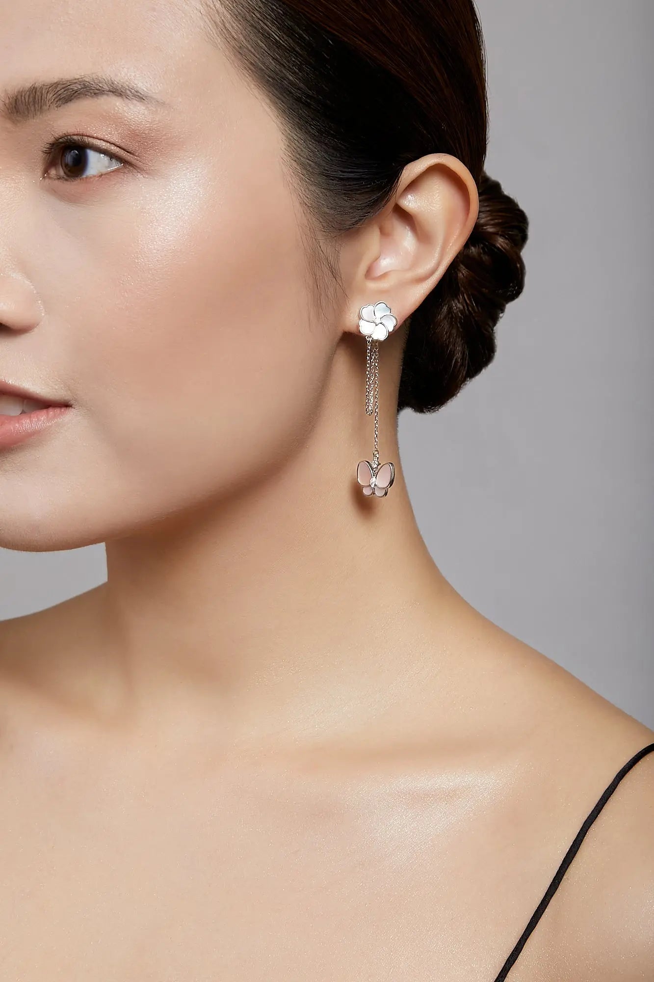 Bauhinia Blakeana & Butterfly Dangling Pearl Earrings Dryden Jewelry