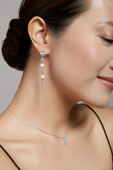 Clematis Glamor Silver Dangling Pearl Earrings Dryden Jewelry