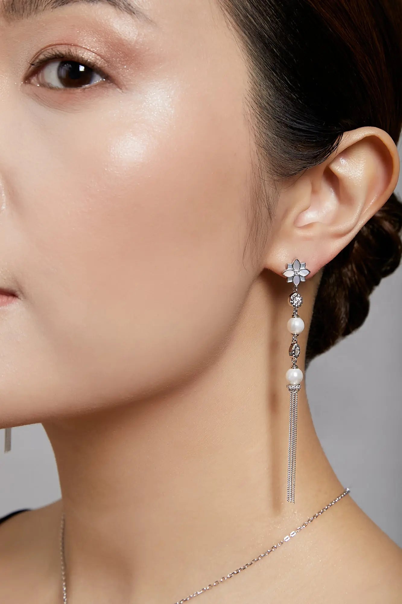 Clematis Glamor Silver Dangling Pearl Earrings Dryden Jewelry