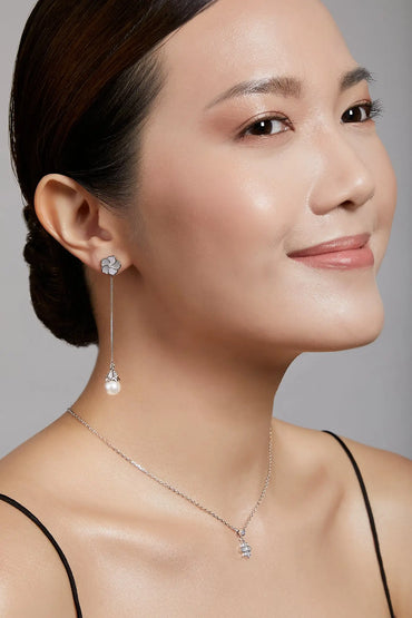 Bauhinia Blakeana Silver Multi-wear Dangling Pearl Earrings Dryden Jewelry