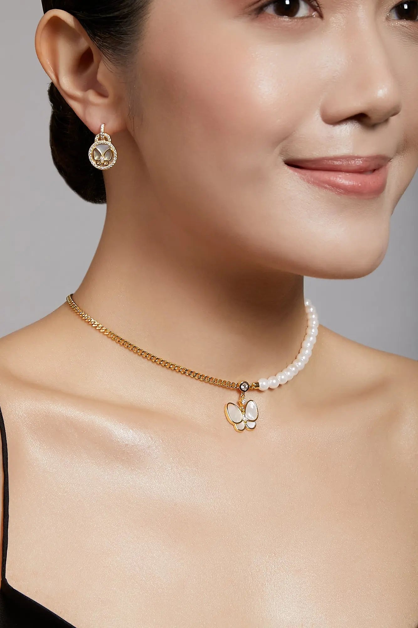 Butterfly Chain & Pearl Yellow Gold Choker Dryden Jewelry