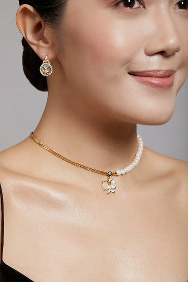 Butterfly Chain & Pearl Yellow Gold Choker Dryden Jewelry