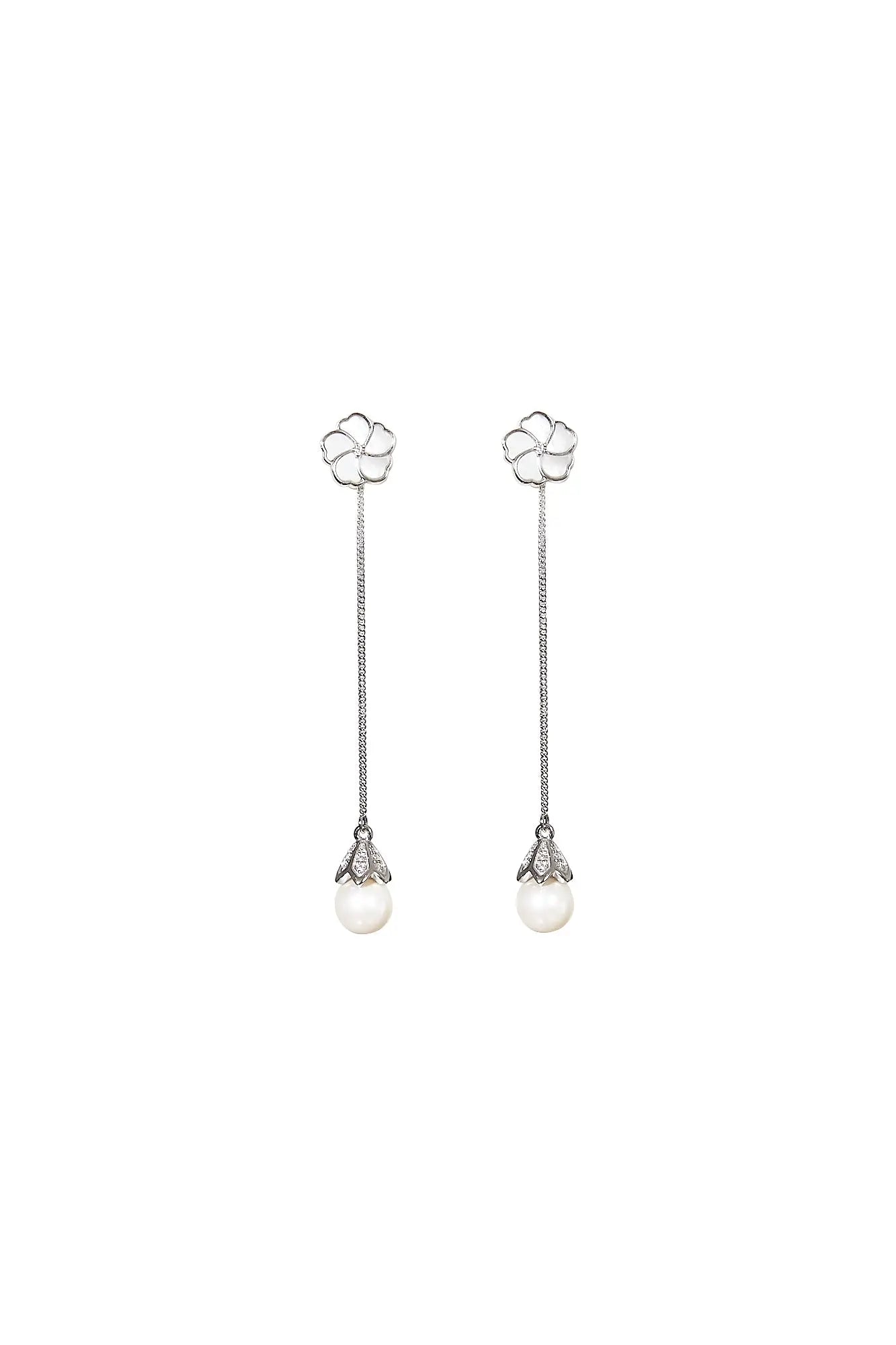 Bauhinia Blakeana Silver Multi-wear Dangling Pearl Earrings Dryden Jewelry