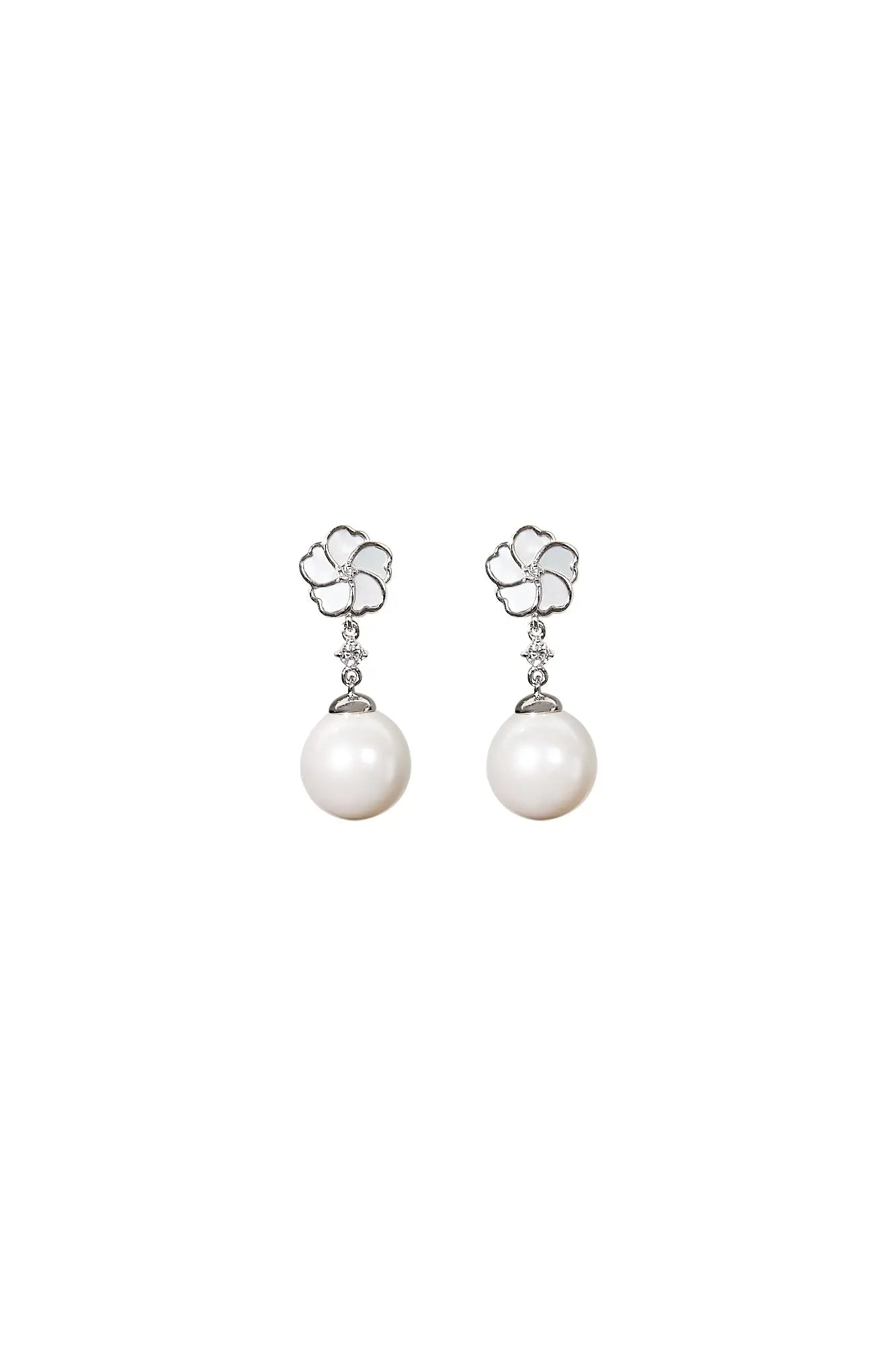 Bauhinia Blakeana White Mother of Pearl Classic Dangling Pearl Earrings Dryden Jewelry