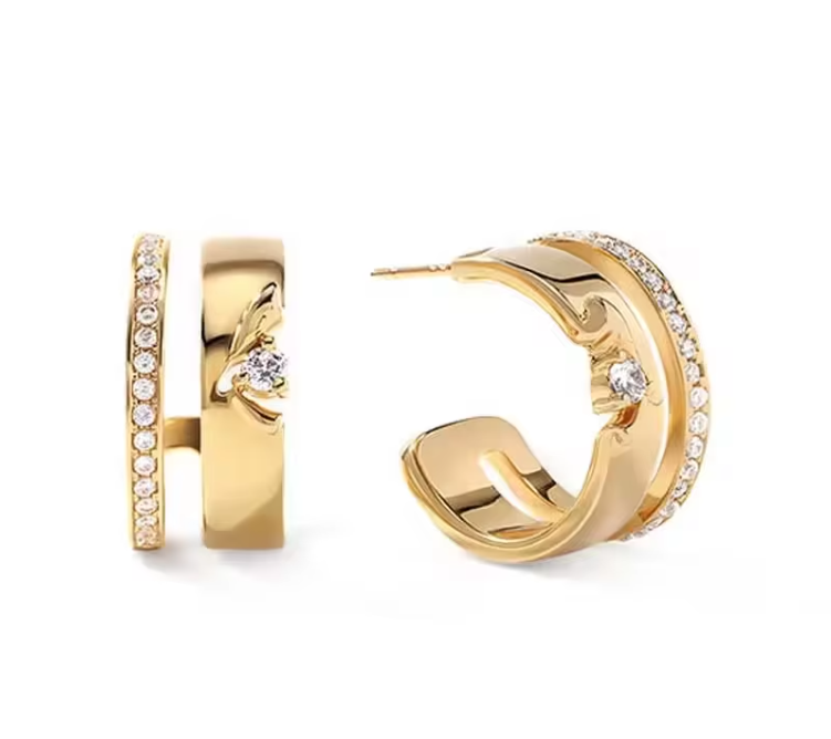 Yellow Gold Double-Band Diamond Hoop Earrings Dryden Jewelry