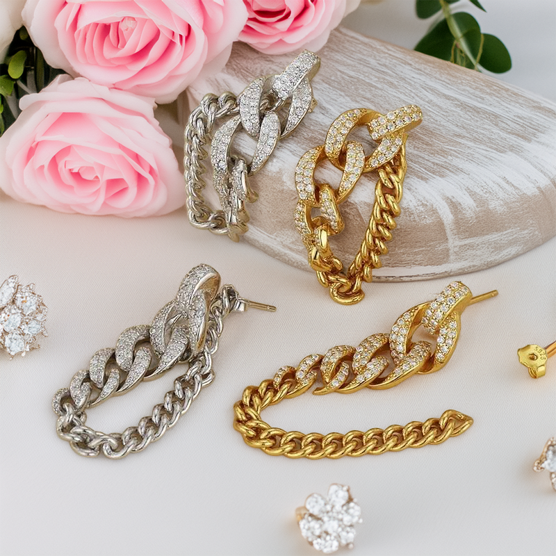 Yellow Gold Convertible Curb Link Chain Dangling Earring