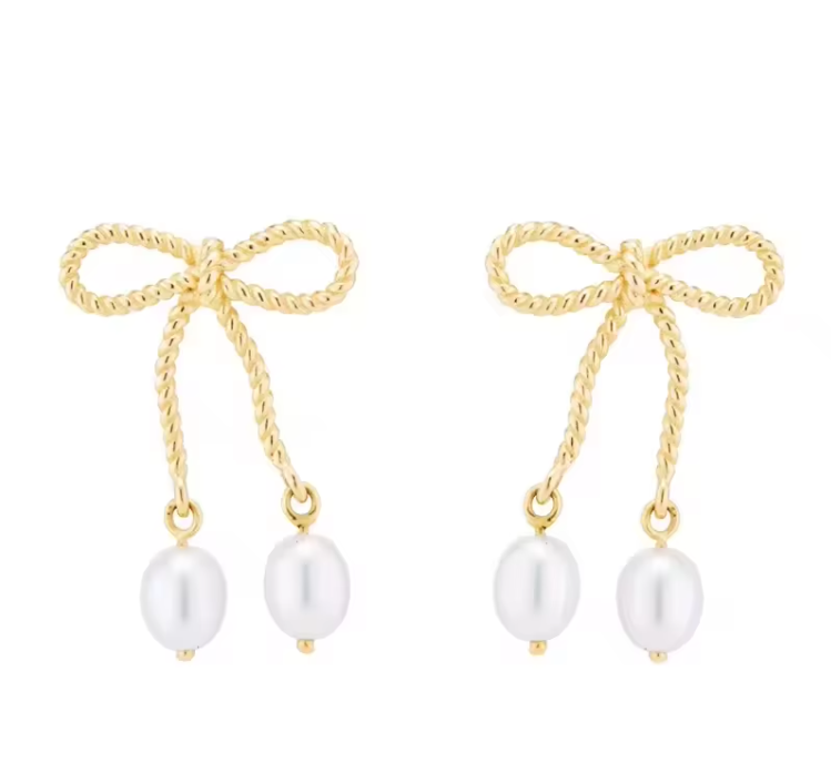 Yellow Gold Bow Knot Fresh Water Pearl Earrings Dryden Jewelry