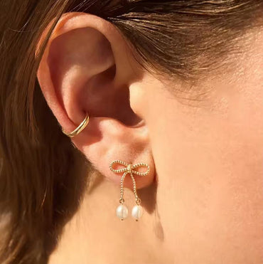Yellow Gold Bow Knot Fresh Water Pearl Earrings Dryden Jewelry