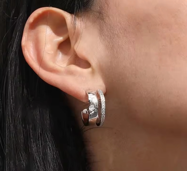 Silver Double-Band Diamond Hoop Earrings Dryden Jewelry