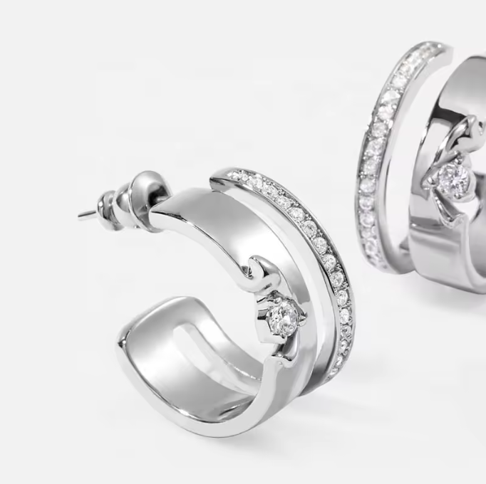 Silver Double-Band Diamond Hoop Earrings Dryden Jewelry