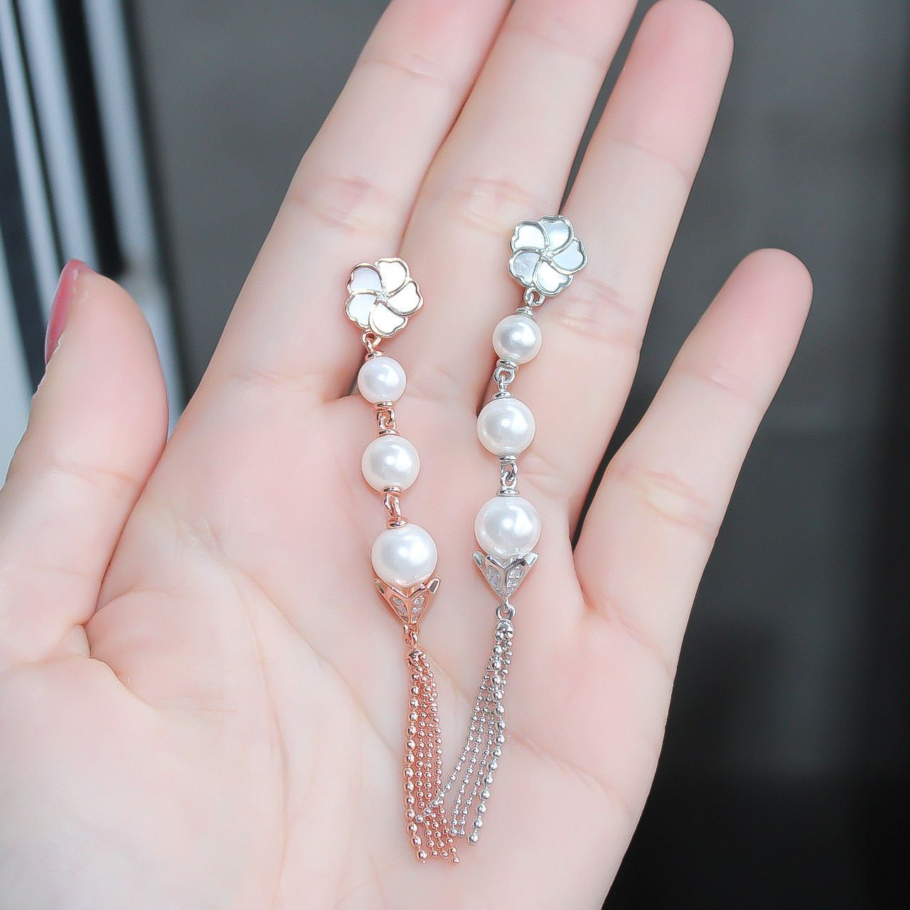 Bauhinia Blakeana Burlesque Silver Dangling Pearl Earrings