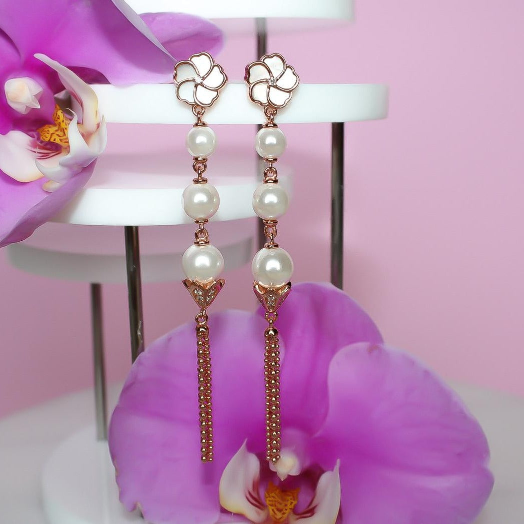 Bauhinia Blakeana Burlesque Rose Gold Dangling Pearl Earrings