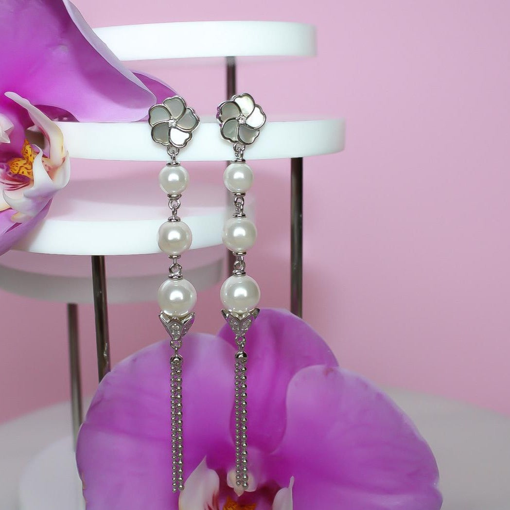 Bauhinia Blakeana Burlesque Rose Gold Dangling Pearl Earrings