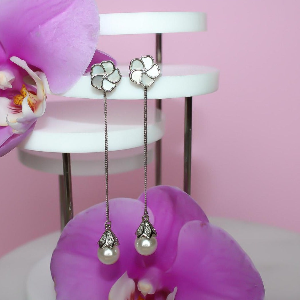 Bauhinia Blakeana Silver Multi-wear Dangling Pearl Earrings