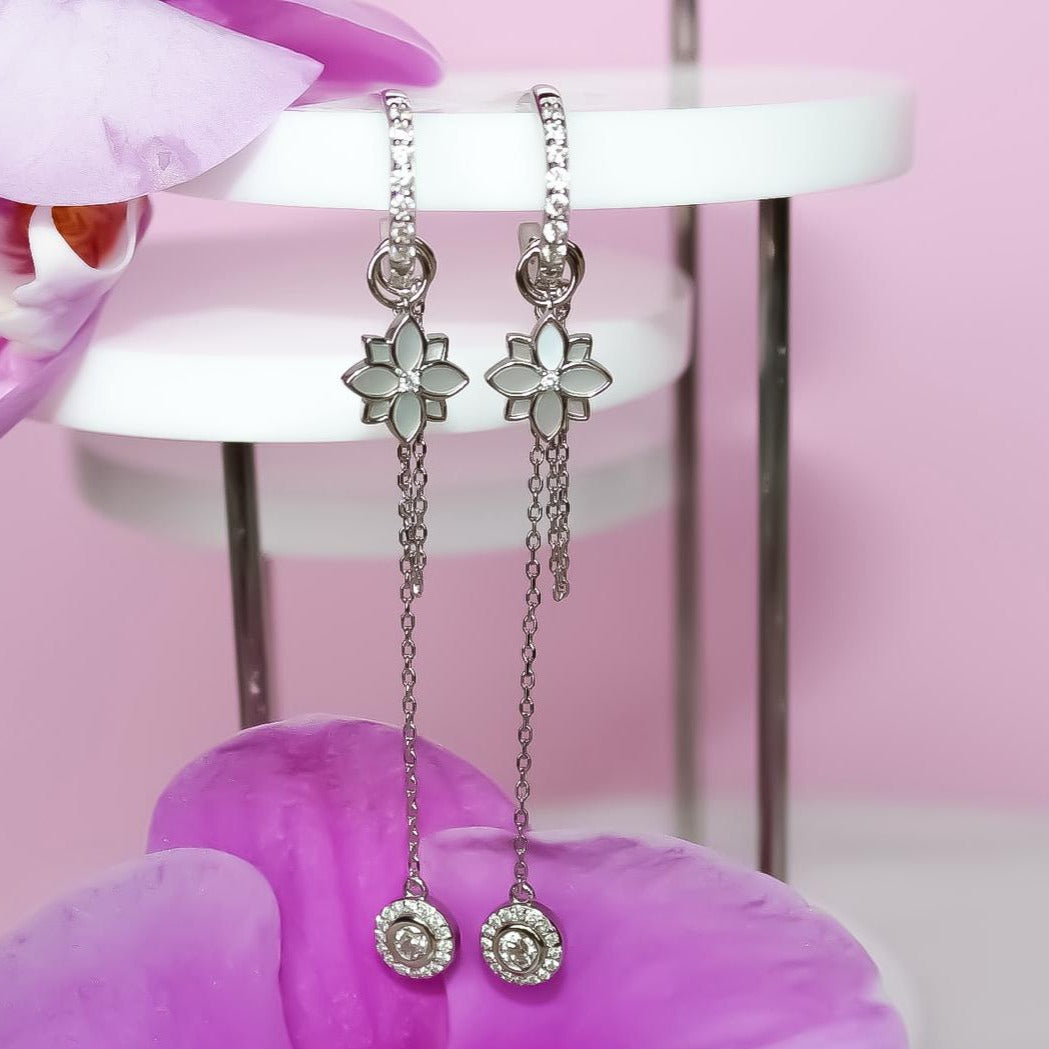 Clematis Mini Hoop Silver Dangling Earrings