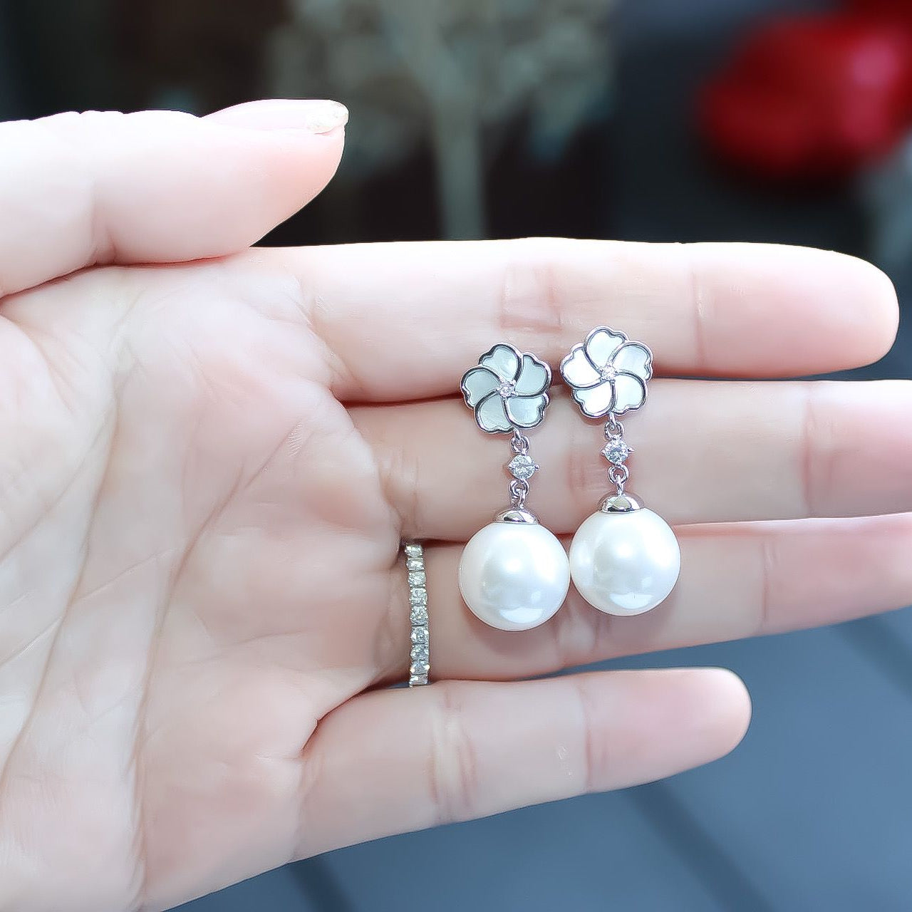 Bauhinia Blakeana White Mother of Pearl Classic Dangling Pearl Earrings