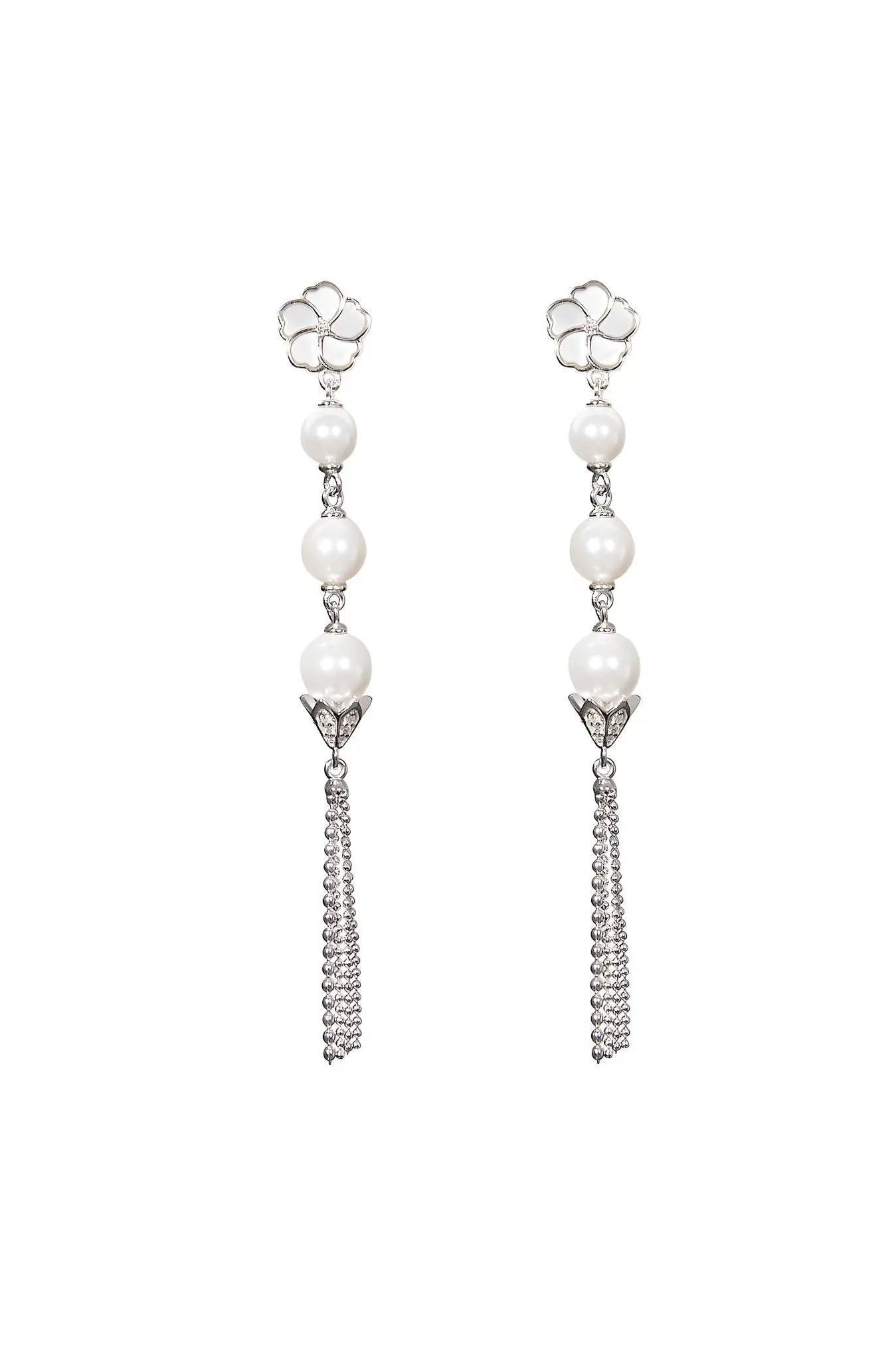 Bauhinia Blakeana Burlesque Silver Dangling Pearl Earrings Dryden Jewelry