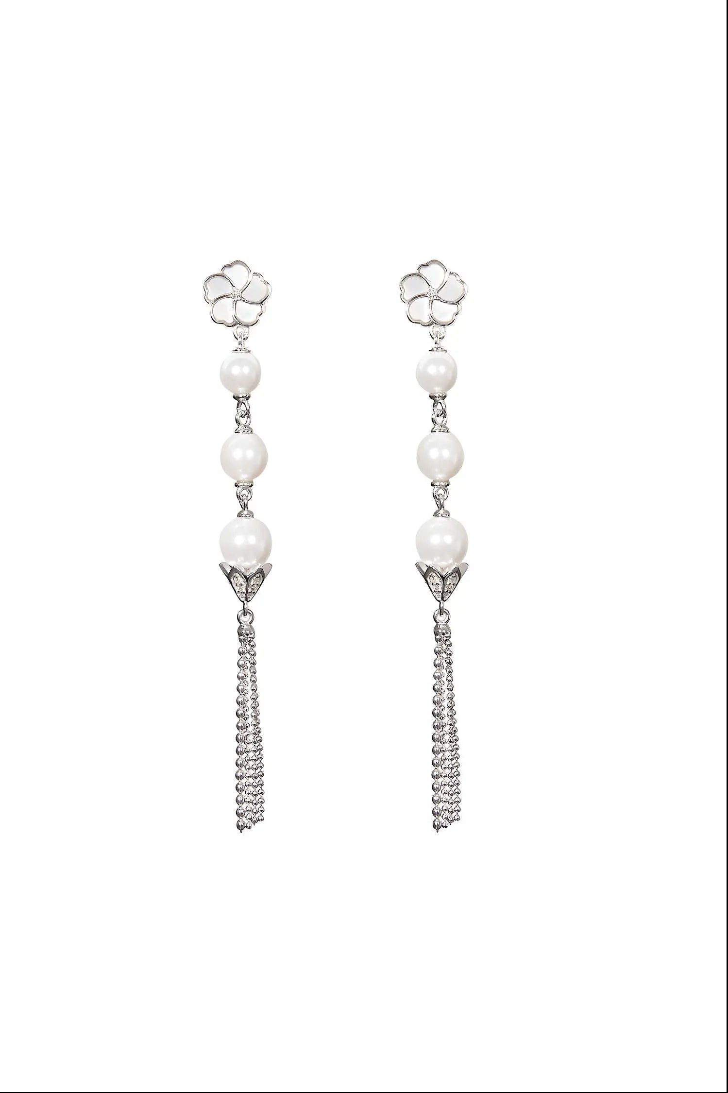Bauhinia Blakeana Burlesque Silver Dangling Pearl Earrings Dryden Jewelry