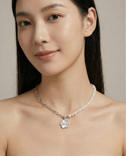 Bauhinia Blakeana Silver Chain & Pearl Choker