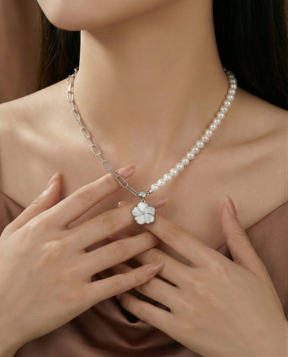 Bauhinia Blakeana Silver Chain & Pearl Choker