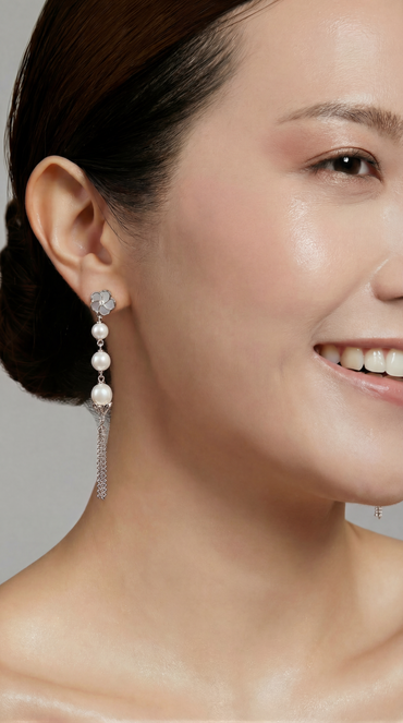 Bauhinia Blakeana Burlesque Silver Dangling Pearl Earrings
